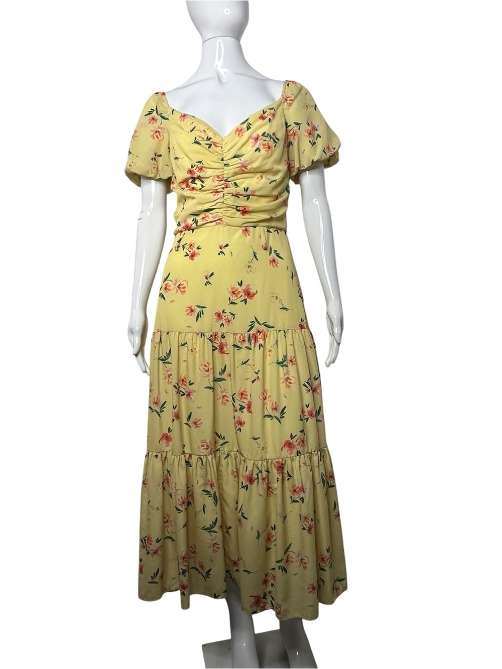 Paloma Blue Evie Sweetheart Neck Short Sleeve Yellow Floral Tiered Midi Dress M